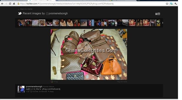 Yvonne Nelson Tweeted on 7th January,2012 to show off the various LV Bags she Is selling in her shop